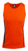 An orange singlet featuring black side panels and a branded label on the inside collar.