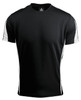 A black t-shirt with white side panels and a logo on the neckline. Suitable for casual wear.