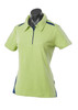 A polo shirt in bright green with navy side panels, featuring a collar and buttons, displayed on a mannequin.