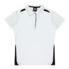 A white polo shirt with black side panels and a collar, featuring a logo on the upper section.