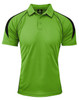 A green polo shirt with black detailing on the shoulders and sleeves, featuring a branded logo.