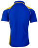 A blue and yellow polo shirt featuring a plain back design and contrasting side details.