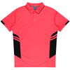 A pink and black polo shirt with a collar, buttons, and side stripes, featuring a logo.
