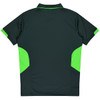 A dark green polo shirt with vibrant green side panels. It features a collar and a smooth fabric texture.
