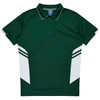 A green polo shirt with white accents and a logo, featuring a collar and button placket.