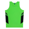 A bright green men's singlet featuring black side panels and a logo on the neckline.