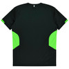 A black T-shirt with vibrant green side panels and a logo. The back is plain and features a round neckline.
