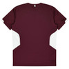 A maroon T-shirt with white accents on the sides and a simple back design, featuring a logo.