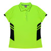 A vibrant lime green polo shirt with black side accents and a collar, featuring a logo.