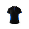 A black polo shirt for women with blue accents and a logo on the collar. Features a classic button-up design.