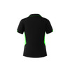A black polo shirt with green accents and a logo, featuring a classic collar and short sleeves.