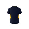 A navy blue polo shirt with yellow accents and a logo, featuring a classic collar and short sleeves.
