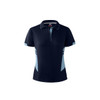 A navy blue polo shirt with light blue accents, featuring a collar and buttons, and has a logo.