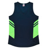 A navy singlet with bright green side panels and a branding logo on the neckline.