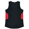 A black singlet with red panels on the sides, featuring a logo. Suitable for casual or sports wear.