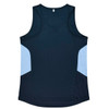 A navy singlet with light blue side panels and a logo on the back.
