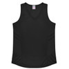 A black women's singlet featuring a V-neck design and side panels, along with a logo.