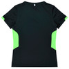 A black t-shirt with green accents on the sides, featuring a logo. Designed for women's style and comfort.