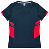 A navy and red women's T-shirt featuring a V-neck and contrasting side panels, with a logo.
