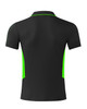 A black polo shirt with green side accents and a logo on the back.