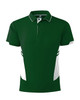 A green men's polo shirt featuring white accents and a logo on the chest.
