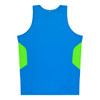 A blue singlet with green side panels and a small logo. Ideal for active wear.