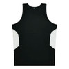 A black singlet with white side panels and a logo at the back.
