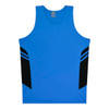A blue singlet with black side panels and a branding logo on the upper section.