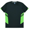 A dark green t-shirt with bright green accents and black stripes on the sides. It has a branded logo.