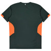 A dark green T-shirt with orange accents on the sides and back. The shirt features a logo.