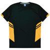 A dark green t-shirt with yellow accents and striped detailing on the sleeves. It features a logo on the neckline.