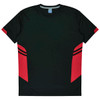 A black t-shirt with red accents on the sides and a logo on the collar. Ideal for kids.