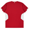 A red T-shirt with white accents on the sides and a small branding logo on the back.