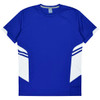A blue t-shirt featuring white accents and a logo, designed for kids.