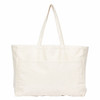 A large, cream-coloured canvas tote bag with two shoulder straps and a front pocket. It features a logo.