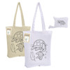 Two foldable calico tote bags in cream and white, featuring turtle designs and a small matching pouch.