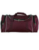 A maroon duffle bag with zippered compartments, featuring green accents and handles, and a logo on the side.