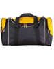 A black and yellow duffle bag with two handles and a zippered compartment, featuring a logo on the side.