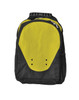 A black and yellow backpack with a large front pocket and mesh side pocket, featuring a logo on the front.