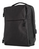 A dark grey backpack with a sleek design, featuring zippers and a handle, and includes a logo.