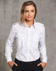 A white button-up shirt with epaulettes and two chest pockets, featuring a fitted design and long sleeves.