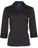 A black women's Teflon executive 3/4 sleeve button-up shirt with a collar and buttons down the front.