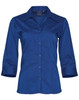 A dark blue women's 3/4 sleeve button-up shirt, featuring a collar and a logo on the inside.