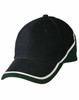 A black cap with green accents and a white strip along the brim, featuring a logo on the front.