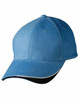 A blue cap with a curved brim and a black underside, featuring a logo.