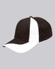 A black and white baseball cap with a structured design and a logo on the front.