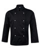 A black long sleeve chef's jacket featuring a double-breasted design and a side pocket, with a logo on the collar.
