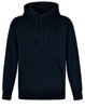 A black adult hoodie with a front pocket and adjustable drawstring hood, featuring a logo.