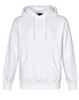 A white adult's close front contrast fleecy hoodie featuring a front pocket and adjustable drawstring hood.