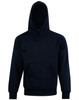 A black kids' hoodie with a front pocket and a large hood. It features a logo on the front.